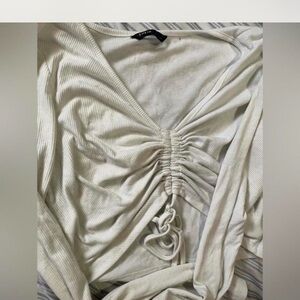 SHEIN Cream Ruched Tie Front Long Sleeve Blouse